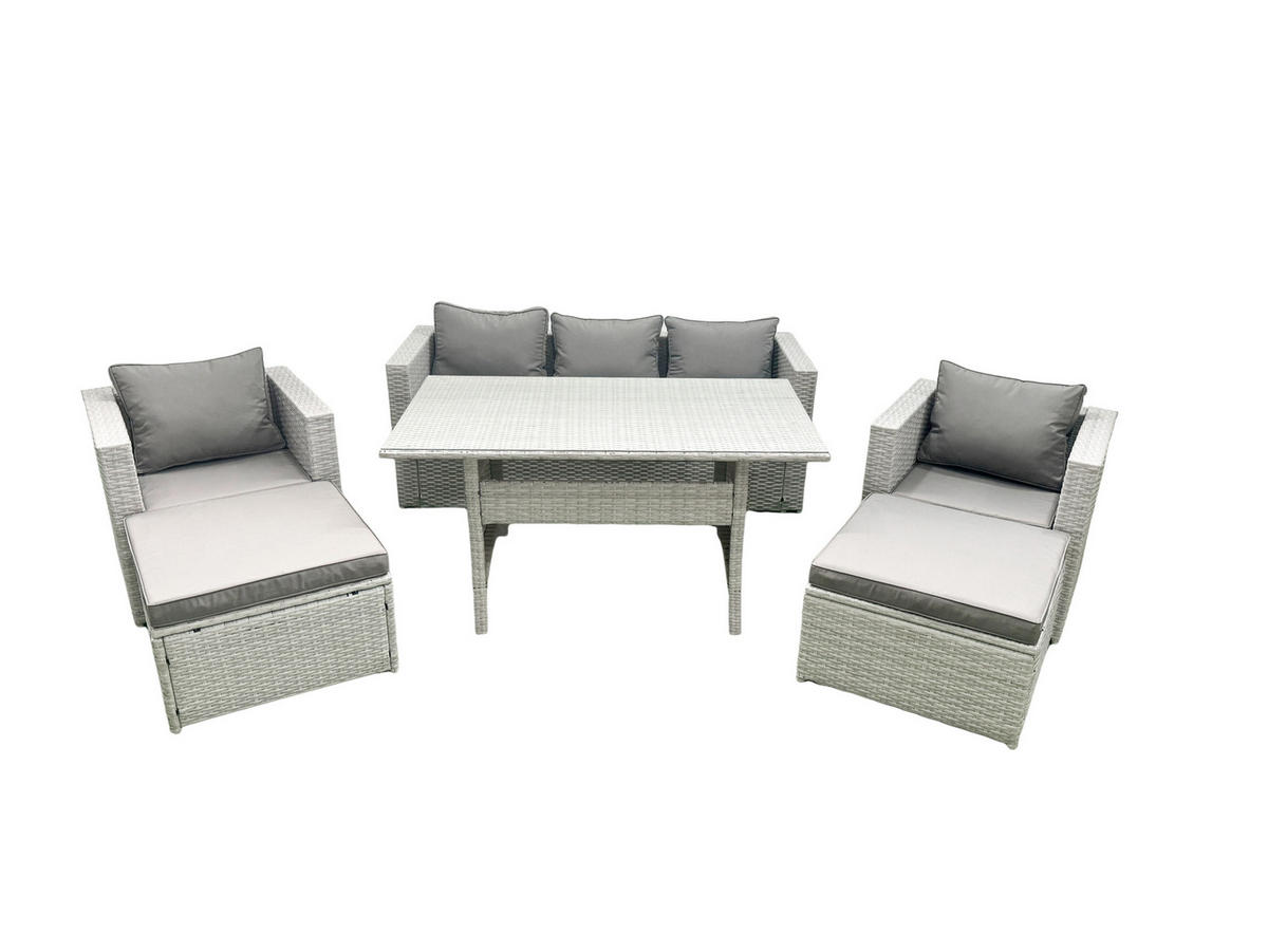 GARTENMÖBEL SET mit Sofa,2 Großer Hockern Polyrattan Hellgrau 7-Sitzer - Hellgrau/Grau, Glas/Kunststoff - Fimous