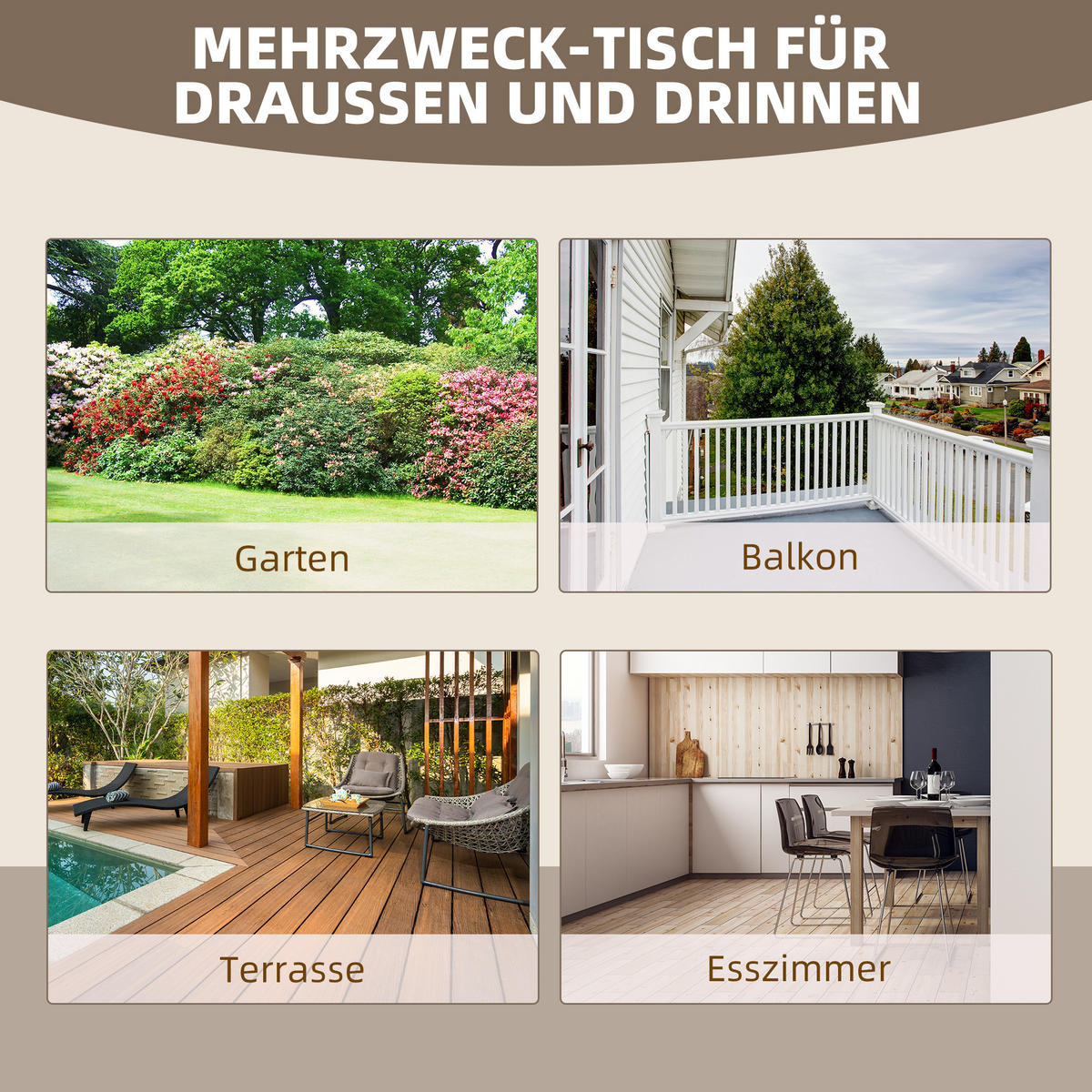 GARTENTISCH DE-07295 mit Räderform und Massivholz Natur - Naturfarben, Holz (110/60/65cm) - ComfortXL