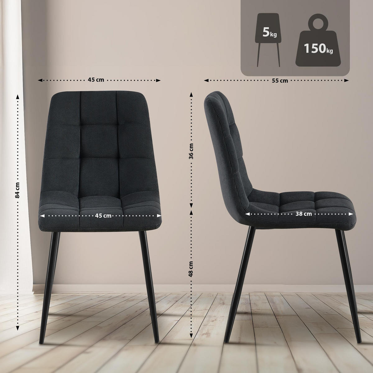 ESSZIMMERSTUHL 2er Set Fanor Cord Schwarz Wohnzimmerstuhl - Schwarz, Textil (45/84/55cm) - DELUKE