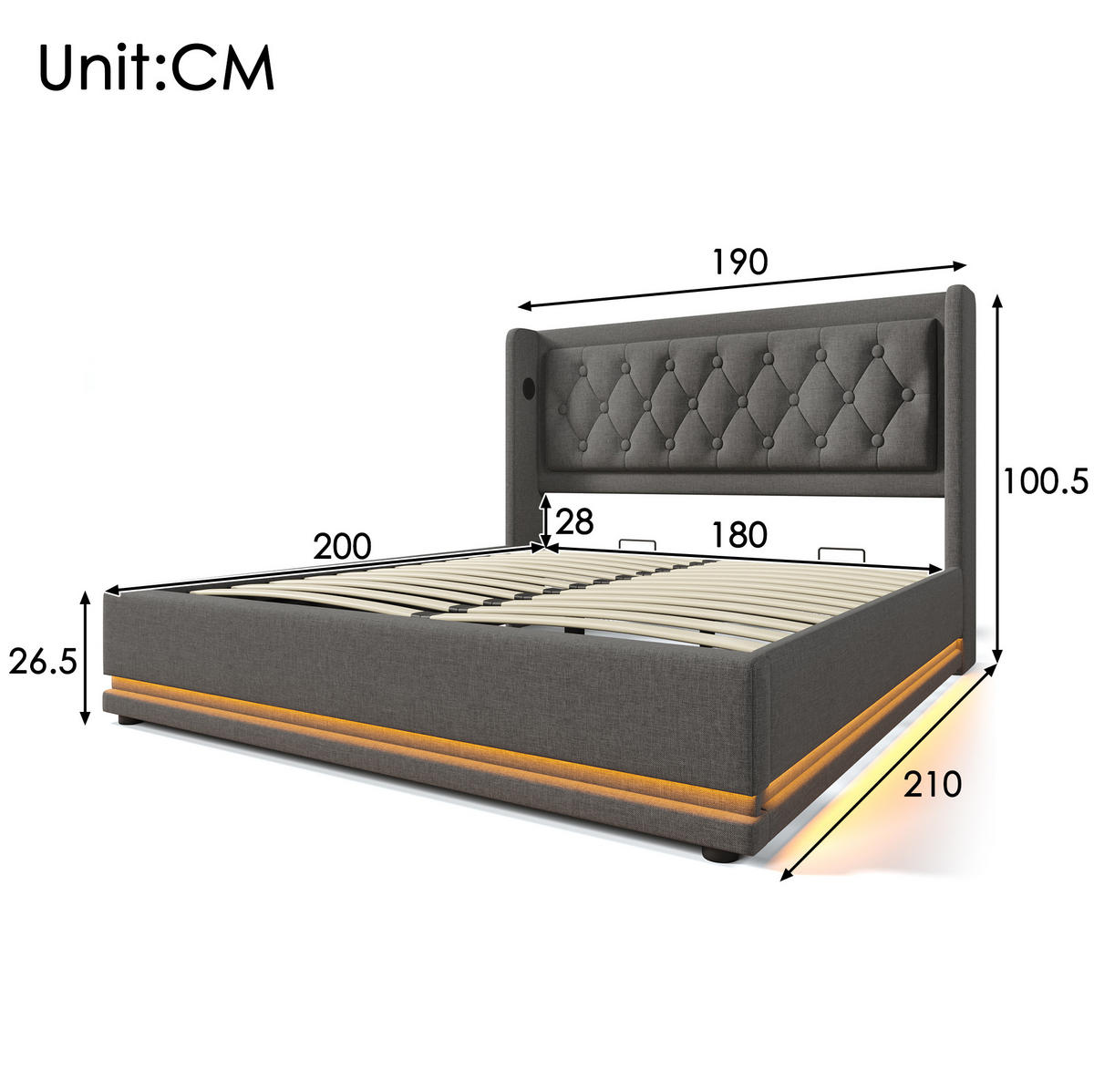POLSTERBETT 180/200 cm Grau mit Stauraum, LED-Beleuchtung und USB-/Type-C-Anschlüssen - Grau, Textil (180/200cm) - Flora Grace