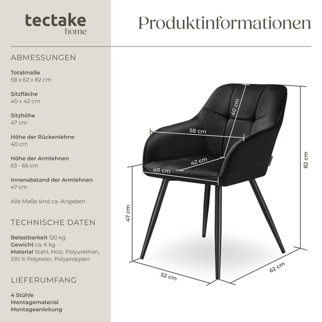 Thumbnail - tectake Esszimmerstuhl, Schwarz, Schwarz, Kunststoff, Pappel, 58x82x62 cm, Esszimmer, Stühle, Esszimmerstühle, Armlehnen...