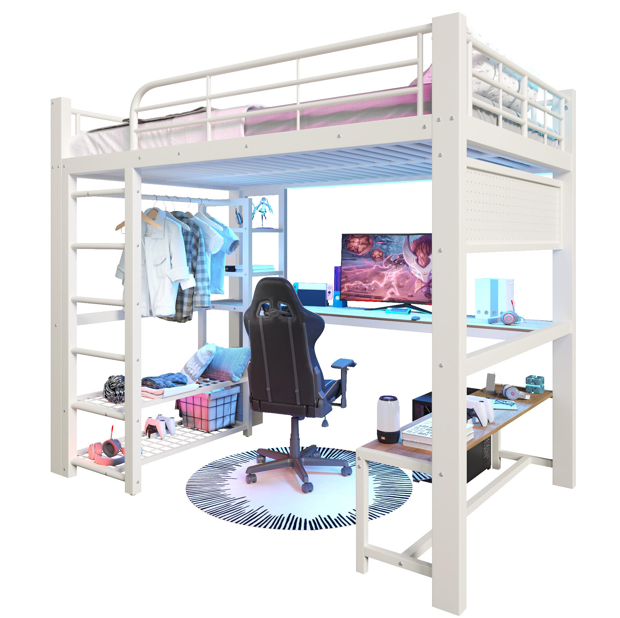 HOCHBETT 140/200 cm Weiß mit LED, Schreibtisch und Stauraum ohne Matratze - Weiß, Metall (140/200cm) - MIVRAY