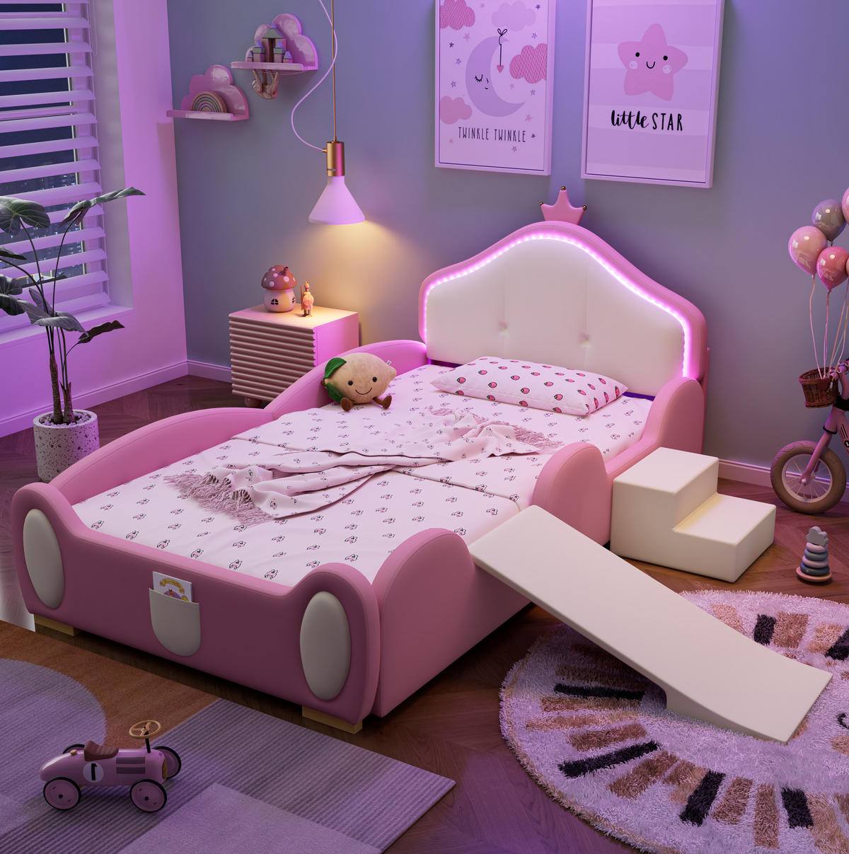 KINDERBETT 90/200 cm mit Rutsche, Treppe und LED – Polsterbett in Rosa/Beige - Rosa, Kunststoff (90/200cm) - BEAOK