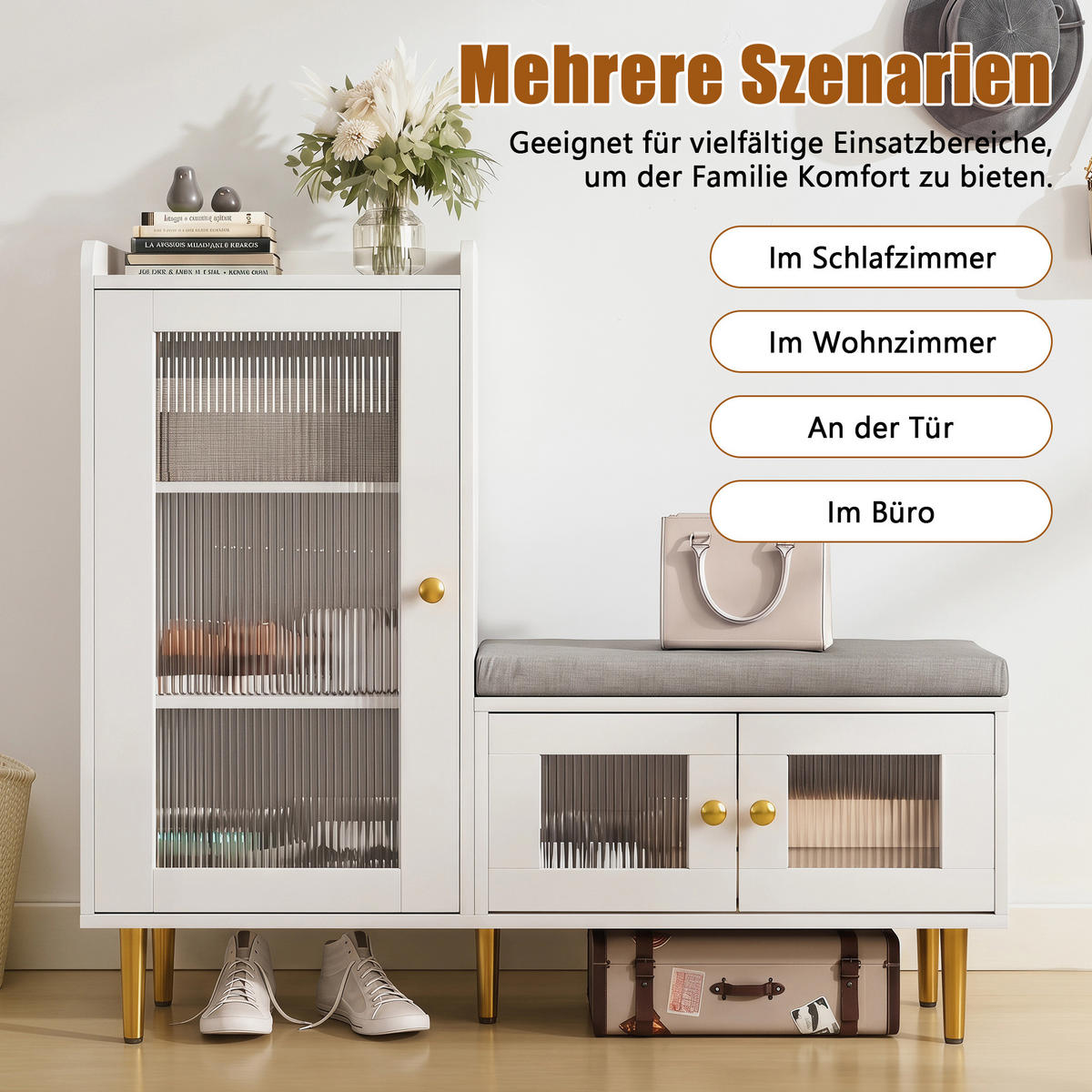 SCHUHSCHRANK mit Sitzbank, 3 Türen, verstellbare Einlegeböden, 100 x 35 x 90 cm, weiß - Weiß, Holz/Metall (35/90/100cm) - GENKI LIVING