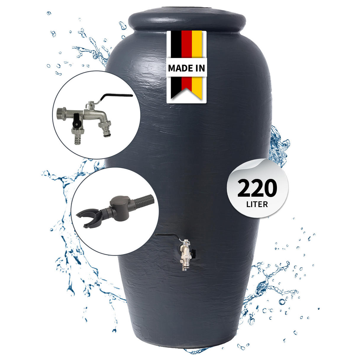 REGENTONNE Komplett-Set 220 L, graphite grey inkl. Chrom-Doppelauslaufhahn und Fallrohranschluss - Grau, Kunststoff (59/118/60cm) - 4rain