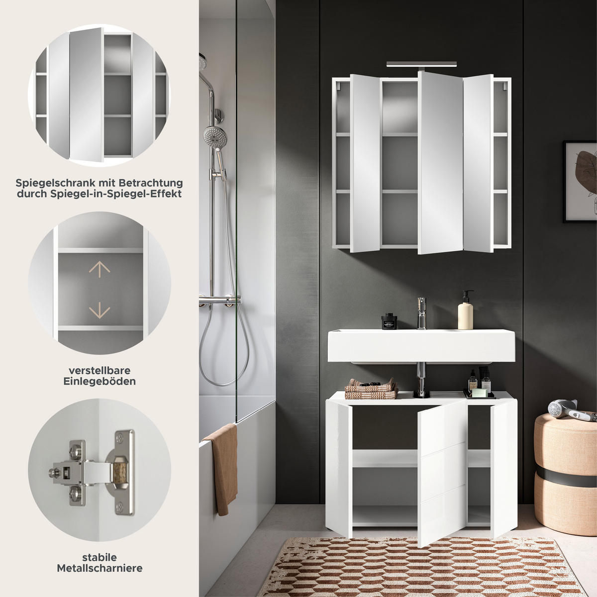 BADKOMBINATION 2tlg. inkl. Beleuchtung Vira Bad in weiß Melamin und weiß HG B/H/T: 82x190x34 cm - Weiß, Holz (82/190/34cm)