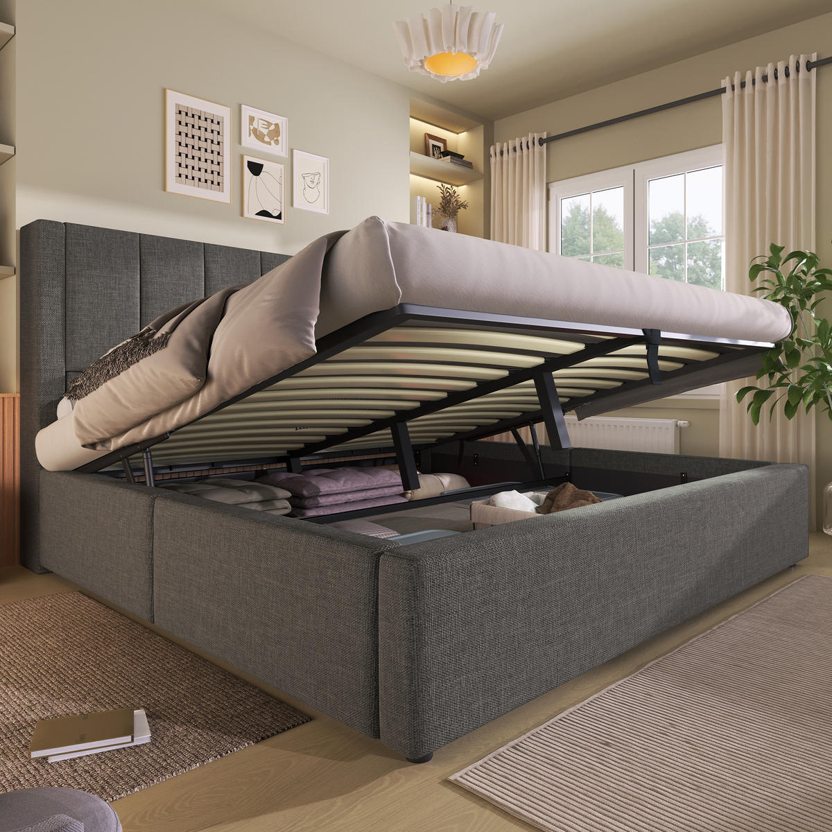 POLSTERBETT 160/200 cm Grau aus Leinen mit Stauraum und Ladestation - Grau, Textil (160/200cm) - OKWISH