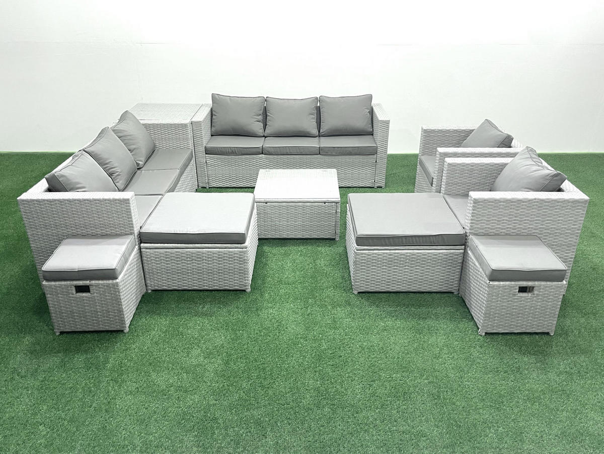 GARTENMÖBELSET mit 3-SITZER SOFA,COUCHTISCH Polyrattan Hellgrau-Mix 12-Sitzer - Hellgrau/Grau, Glas/Kunststoff - Fimous