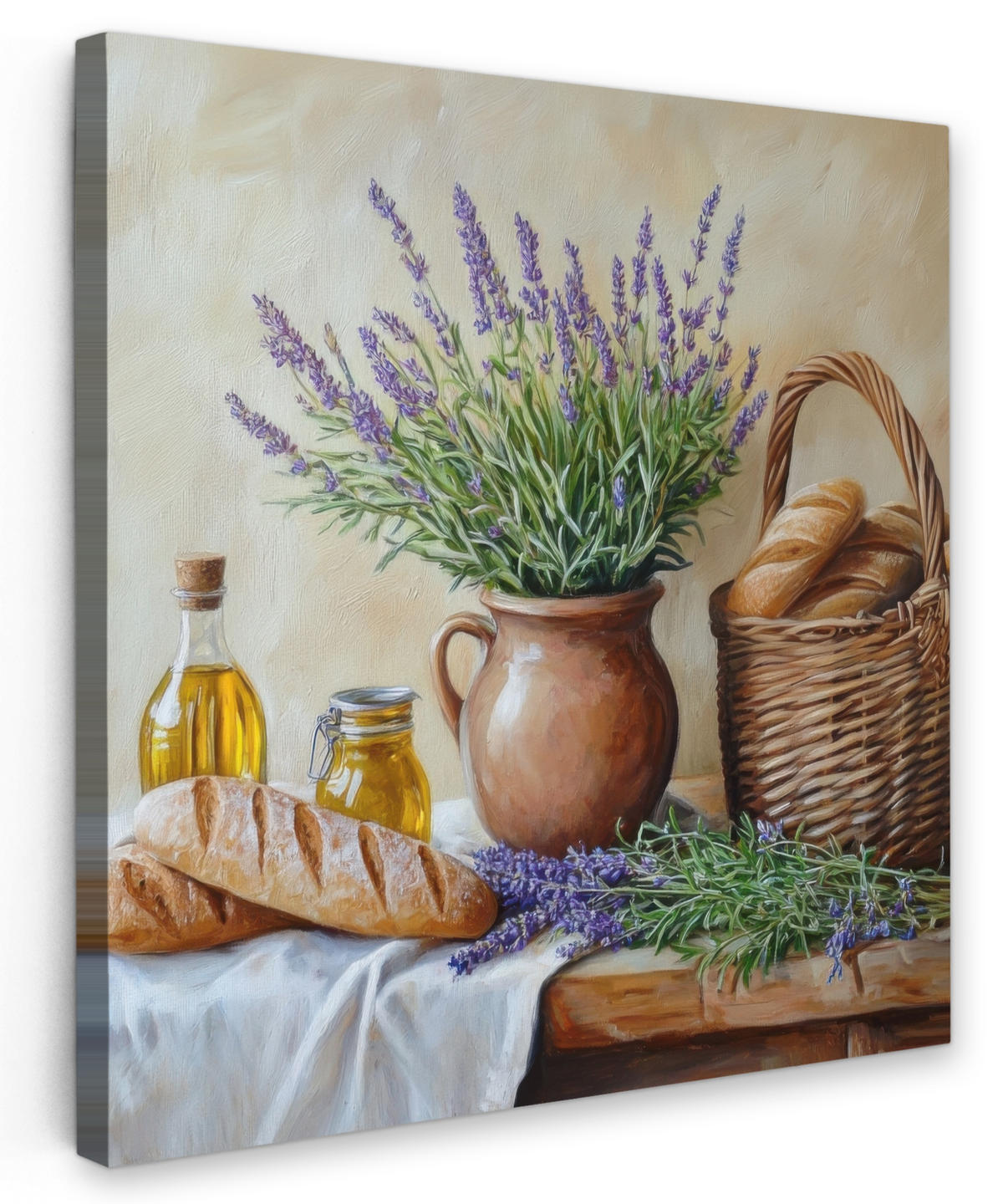 LEINWANDBILD Lavendel - Brot - Stilleben 50x50 cm - Flieder, Textil (50/50cm) - MuchoWow