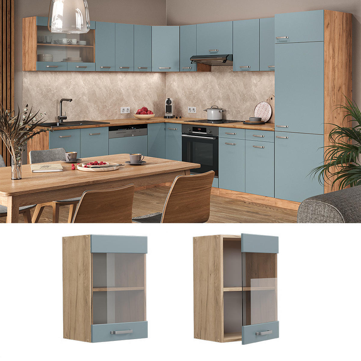 KÜCHENGLASSCHRANK R-Line Blau-Grau 40 cm - Honigeiche/Eiche Wotan, Holzwerkstoff (40/60/31cm) - Vicco
