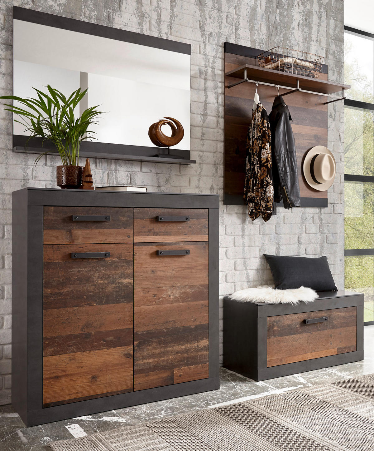 GARDEROBE Set 4-teilig Used Wood Shabby, Matera grau 192 cm - Silberfarben/Naturfarben, Glas/Holzwerkstoff (192/200/40cm) - Furn.Design