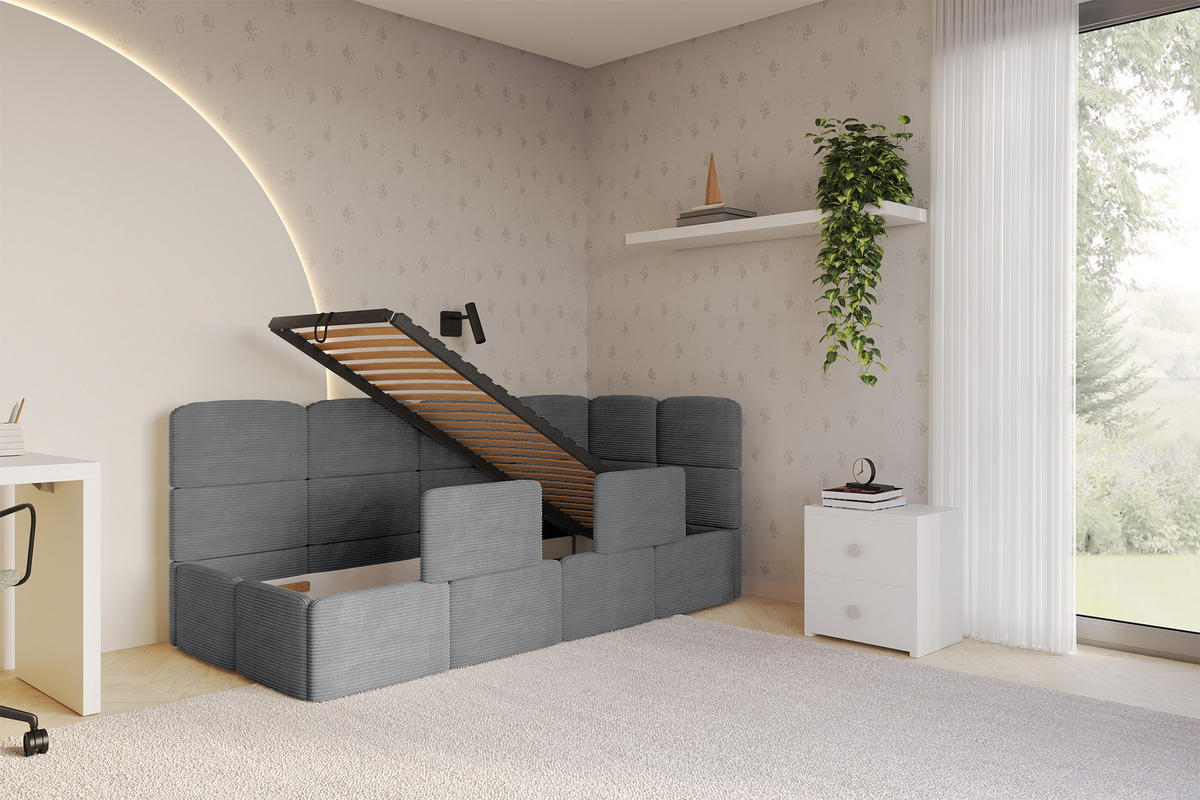 EINZELLBETT Jugendbett mit Bettkasten, Links - KIVY 90x200 Dunkelgrau - Dunkelgrau, Holzwerkstoff/Textil (90/200cm) - ALTDECOR