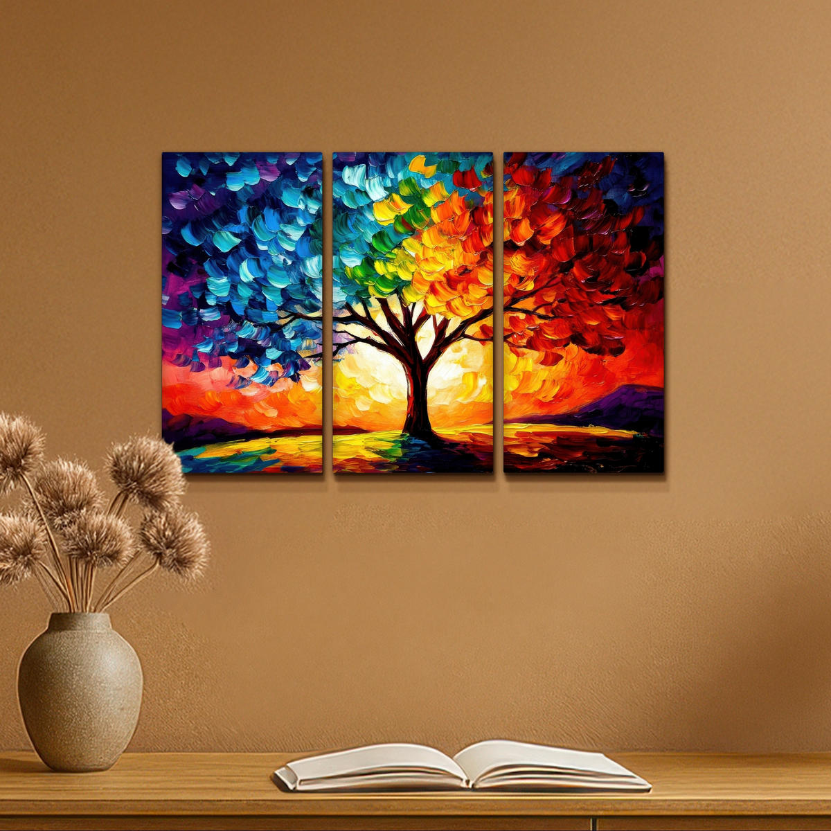 LEINWANDBILD 3er Set Baum - Farbenfroh - Malerei-Look - Abstrakt 60x40 cm - Multicolor, Textil (60/40cm) - MuchoWow