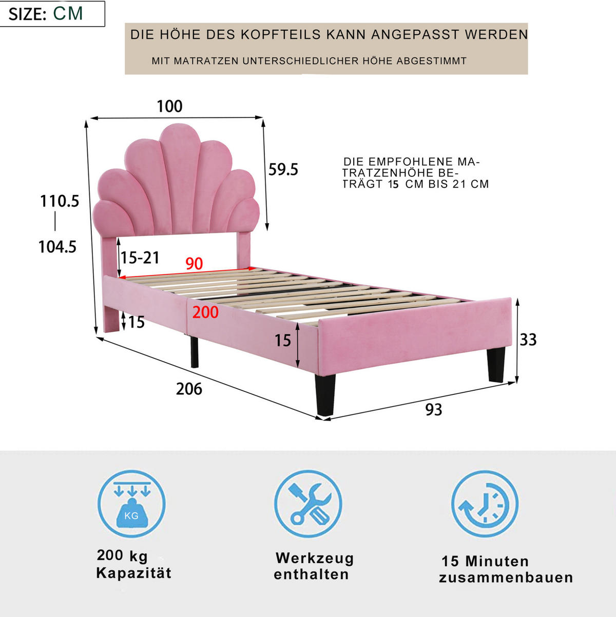 SAMT-POLSTERBETT 90/200 cm in Rosa mit gepolstertem Kopfteil und Lattenrost - Rosa, Textil (90/200cm) - BEAOK