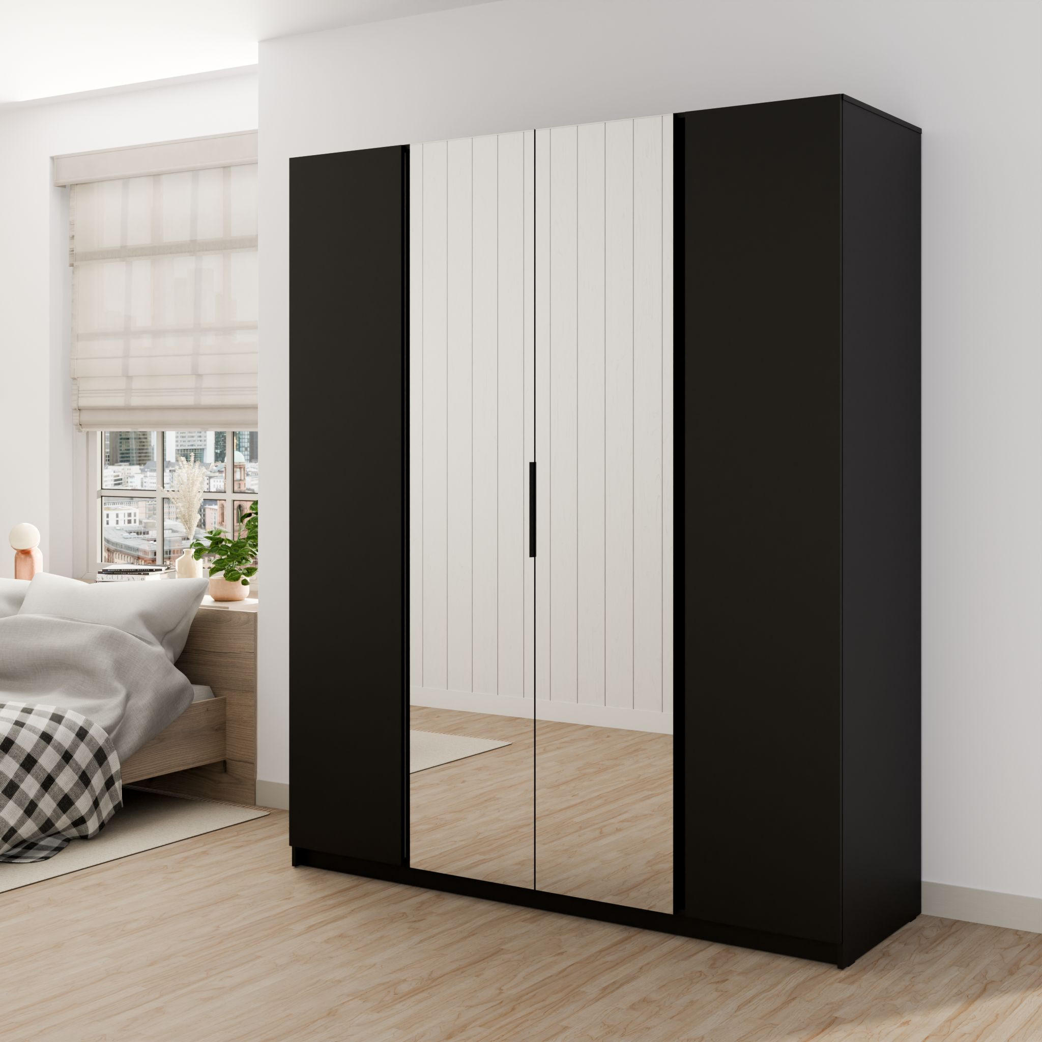 DREHTÜRENSCHRANK CAGLIARI 200/239/61,9cm 4-türig mit Spiegel Schwarz - Schwarz, Holzwerkstoff (200/239/61.9cm) - MASSENO