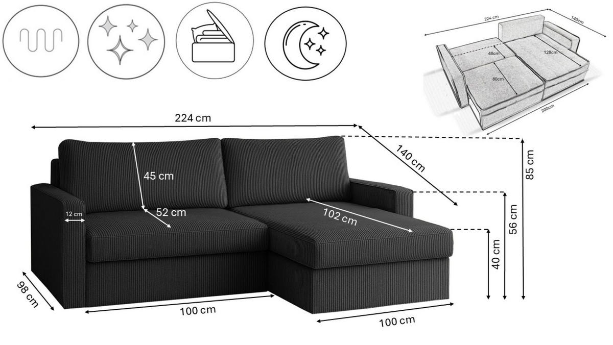 ECKSOFA Mit Schlaffunktion Und Bettzeugablage LUBEKA Stoff Poso Graphit Rechts - Anthrazit, Holz/Textil (224/147cm) - Kaiser Möbel