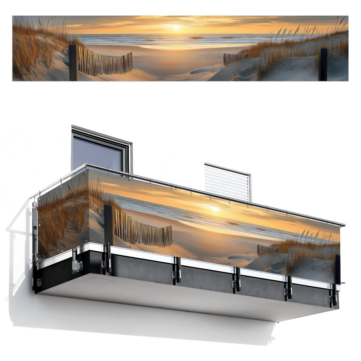 BALKON-SICHTSCHUTZ Strand - Dünen - Sonnenuntergang 500x100 cm - Sandfarben, Kunststoff (500/100cm) - MuchoWow
