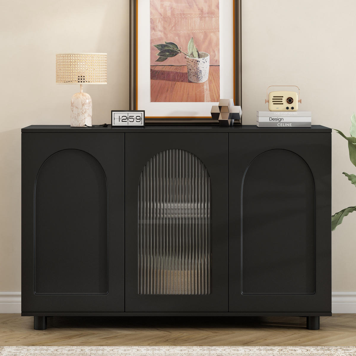 SIDEBOARD aus MDF 120x40x78 cm Schwarz mit Glaseinsatz, verstellbaren Einlegeböden und Push-to-Open-Mechanismus - Schwarz, Holzwerkstoff (120/78.5/40cm) - Modfu