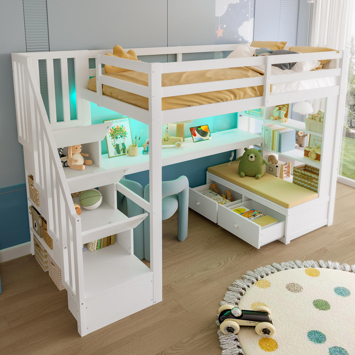 HOCHBETT 90/200 cm aus Kiefer/MDF mit Schreibtisch, Regalen, 2 Schubladen, Stauraumtreppe und LED, Weiß - Weiß, Holzwerkstoff (90/200cm) - Redom