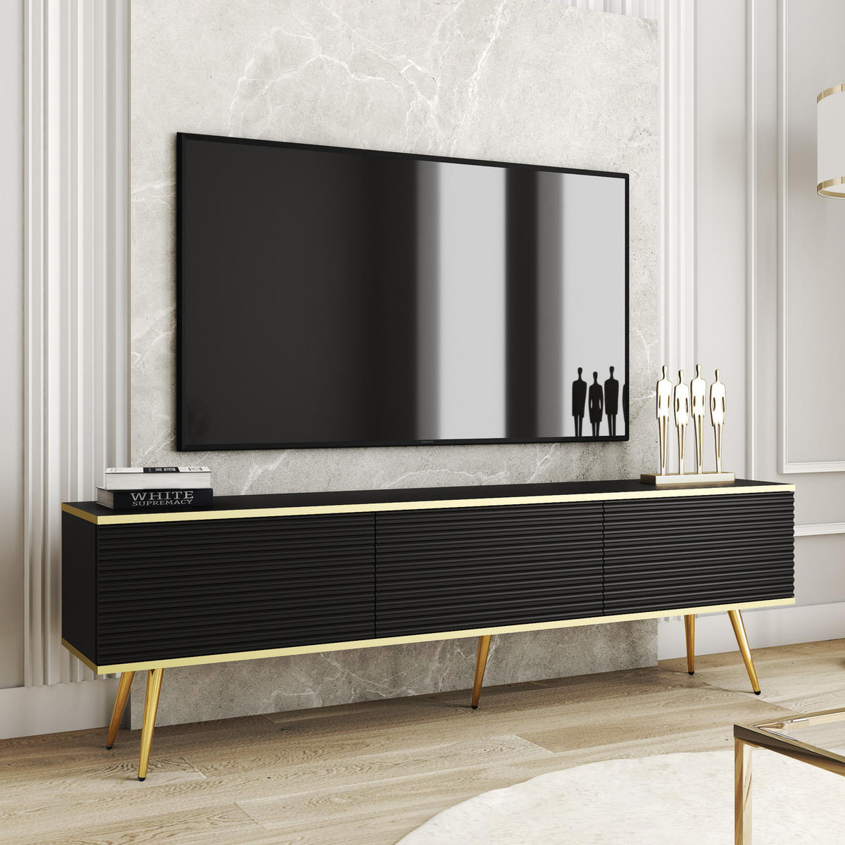 TV-BOARD FORNO (Schwarz, Rillenfront, Goldene Details, 3 Klapptüren, goldene Metallfüße, 175 cm) - Gelb/Goldfarben, Holz/Holzwerkstoff (175/53/32cm) - Ravio