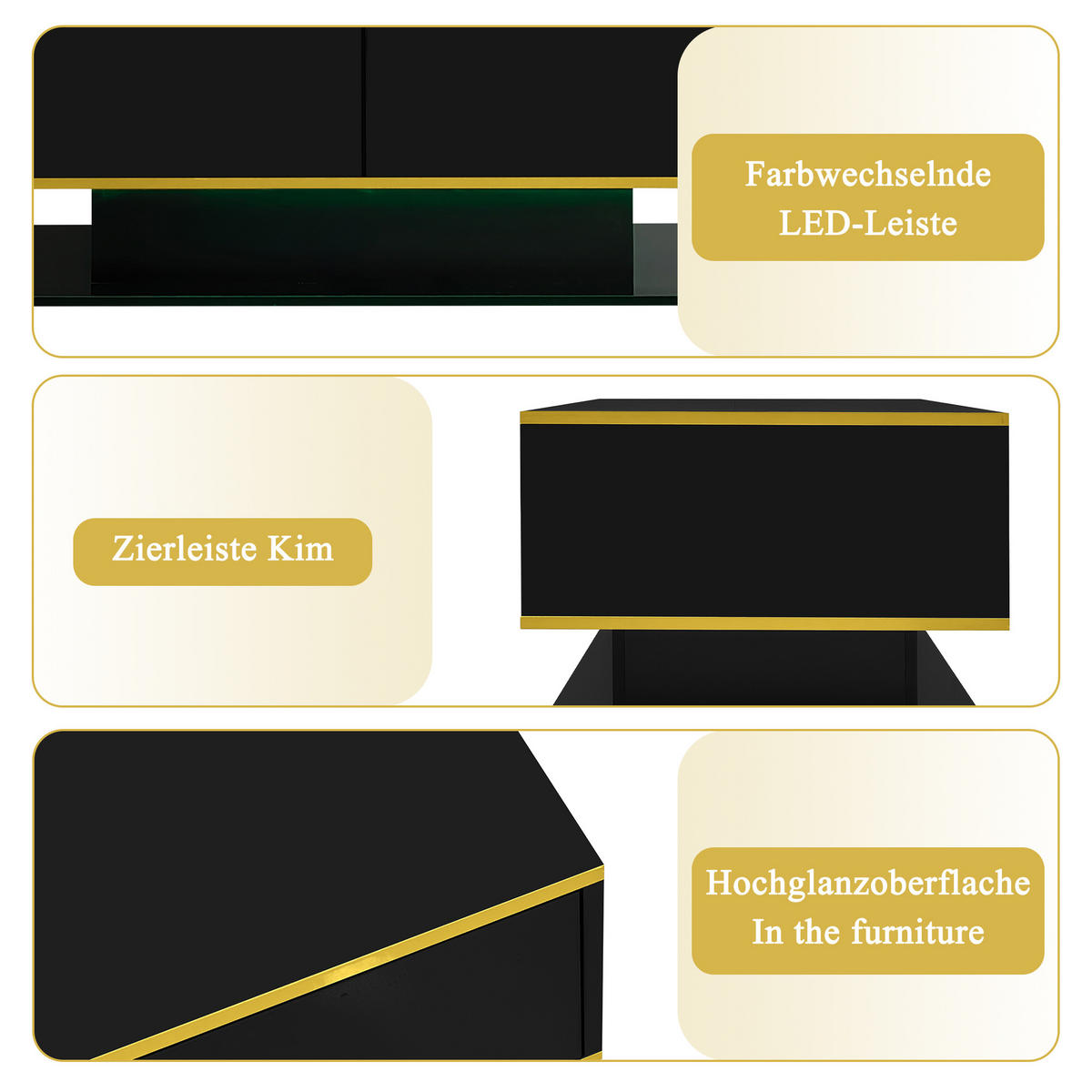 COUCHTISCH 100/50/40 cm Schwarz Gold mit LED-Beleuchtung Hochglanz mit 3 Schubladen - Schwarz, Holzwerkstoff (100/50/40cm) - OKWISH