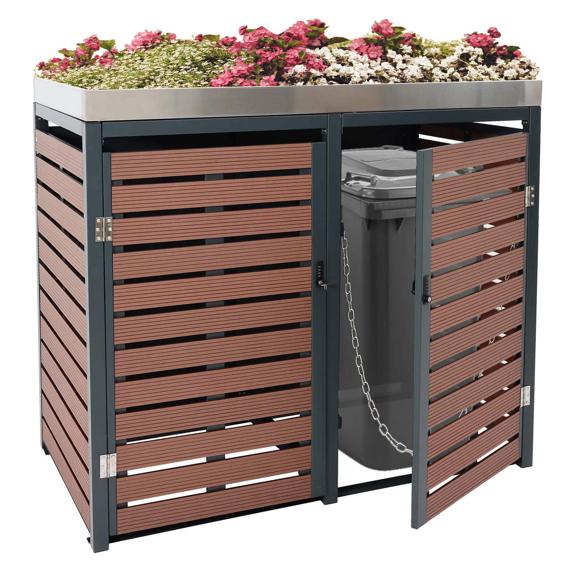 MÜLLTONNENBOX 2er mit Pflanzkasten HxBxT 124x134x84cm Walnuss-Holzoptik - Braun, Metall (134/124/84cm) - PROREGAL