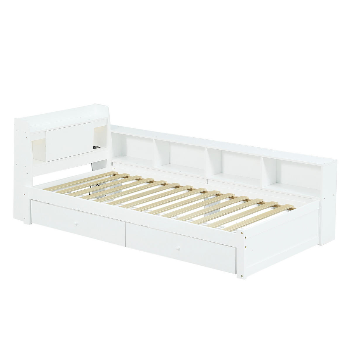 BETT 90/200 cm Weiß mit Stauraum, Leuchten und Ladebuchse - Weiß, Holz (90/200cm) - Flora Grace
