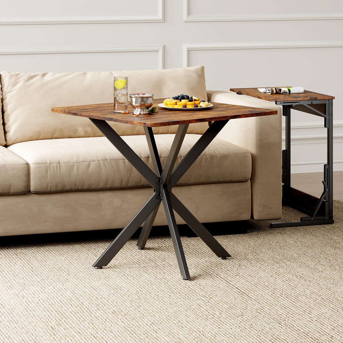 BEISTELLTISCH 80/80/75 cm braun aus Spanplatte mit X-Gestell und höhenverstellbaren Füßen - Braun, Holzwerkstoff (80/80/75cm) - OKWISH