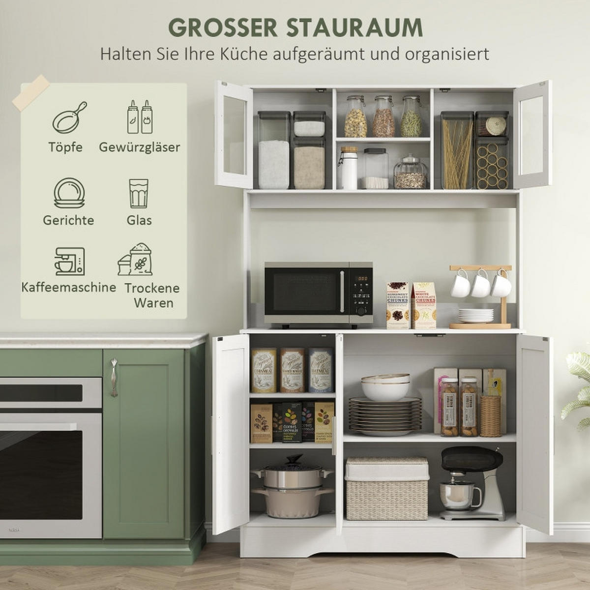 BUFFET DE-38807 108/35/180 cm 4 Schränke und Glastüren Weiß/Silber - Weiß, Holzwerkstoff (108/180/35cm) - ComfortXL