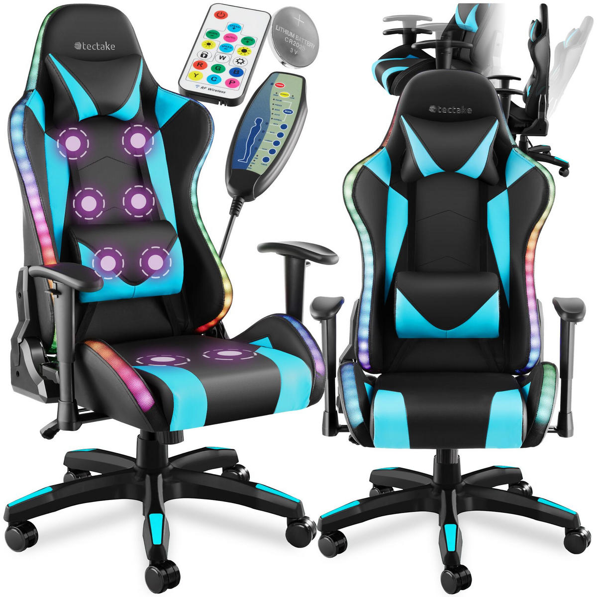 GAMINGSTUHL Tartaros, dicke Polsterung, Belastbarkeit 120 kg, schwarz/azur - Schwarz/Hellblau, Textil (66.5/126/69cm) - tectake