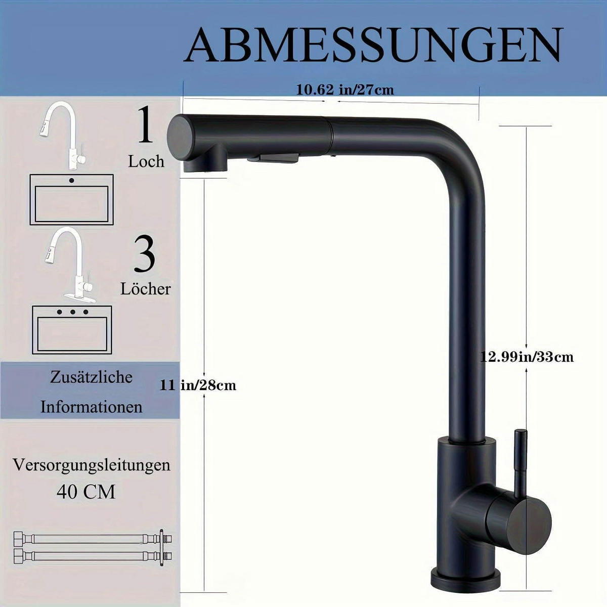 KÜCHENARMATUR Schwarz Matt mit Ausziehbarer Brause - Schwarz, Metall (11/33/27cm)