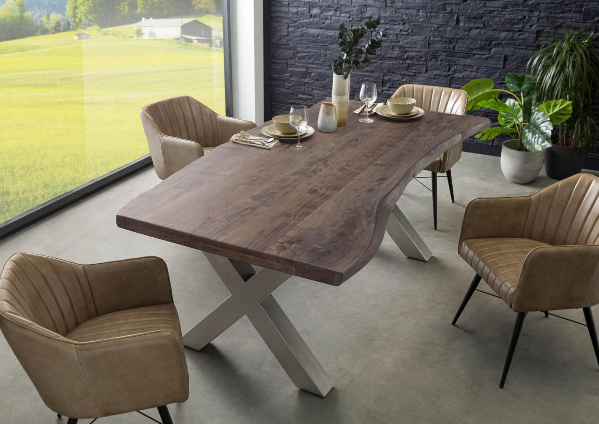 BAUMTISCH Akazie 220x100x77 grau lackiert / X-Beine silber matt FREEFORM 5 - Silberfarben/Grau, Holz (220/100/77cm) - Massivmoebel24