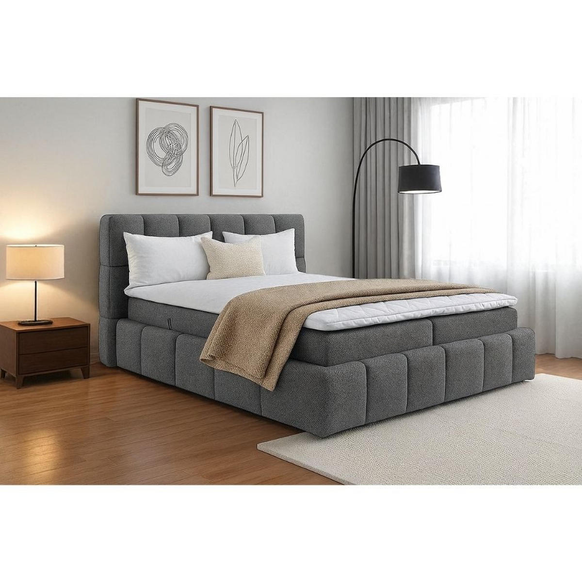 BOXBETT Anna mit Bonnelmatratze und Topper, 160x200, Grau - Grau, Holzwerkstoff/Kunststoff (160/200cm) - AN-Moebel 4u