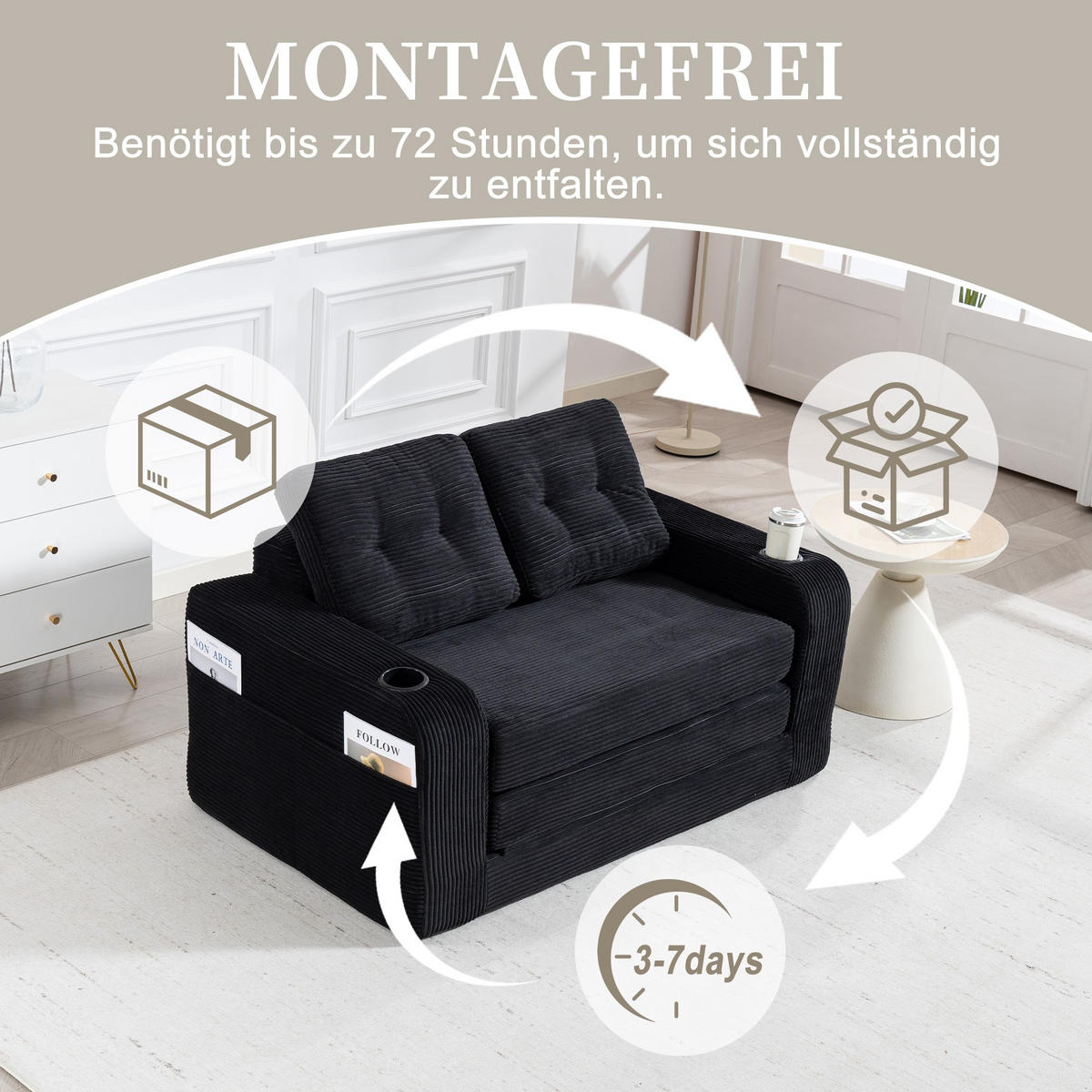 SCHLAFSOFA 2-Sitzer Sofa mit 2 Zierkissen,Lounge Sofa,Polstersofa,Cord,Schwarz - Schwarz, Textil (136/82.5/80cm) - LVHOM