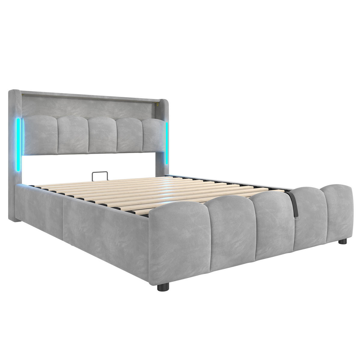 ČALÚNENÁ posteľ zo zamatu 140x200 cm sivá s LED osvetlením, úložným priestorom, USB a Typ-C - sivá, textil (140/200cm) - Modfu