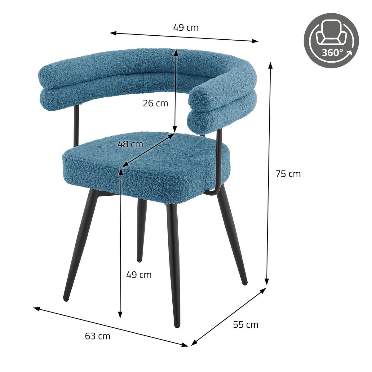 OTÁČIVÉ JÍDELNÍ ŽIDLE, sada 4 ks, modrá látka Teddy - modrá/černá, kov/textil (63/75/55cm) - ML-DESIGN