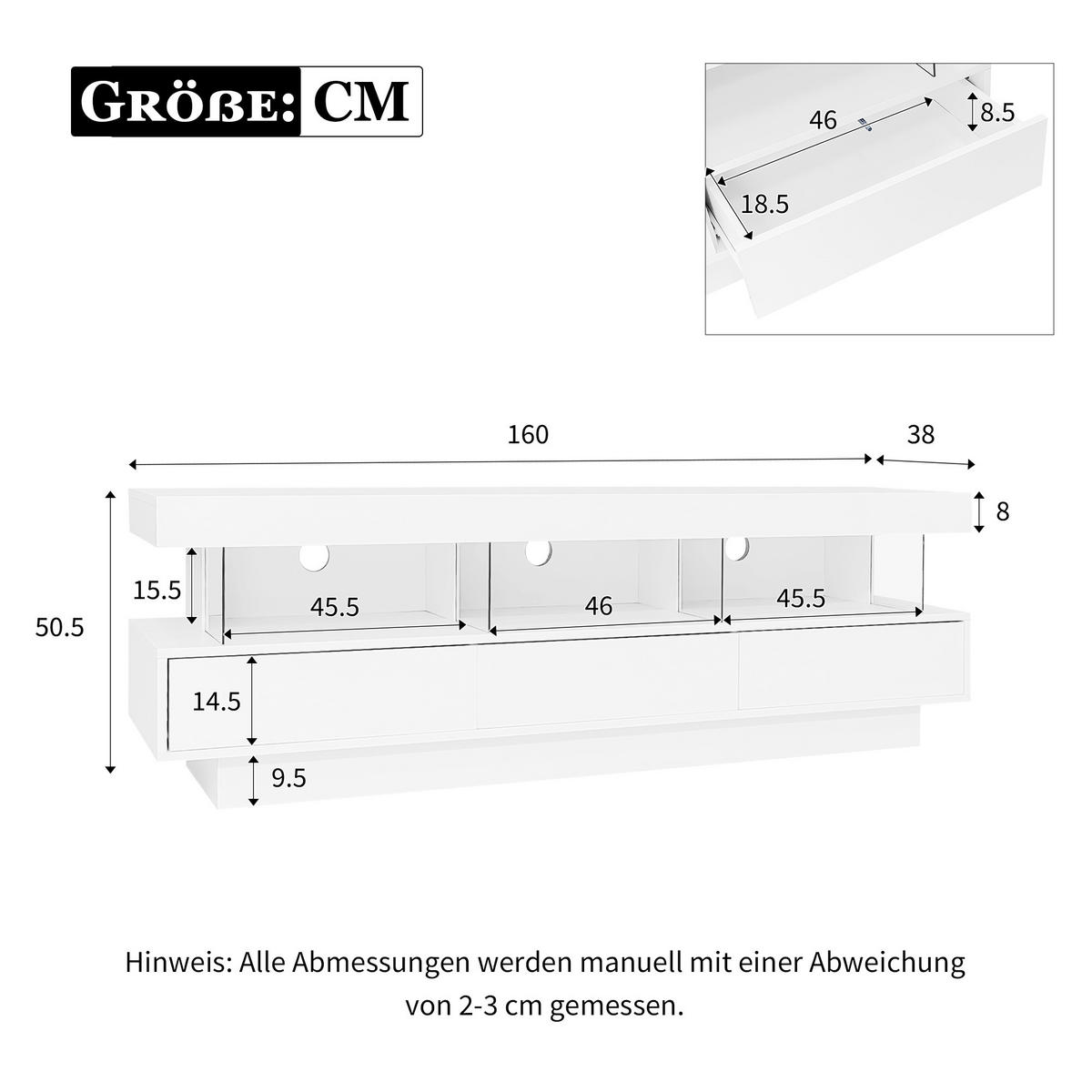 TV-SCHRANK 160/38/50,5 cm weiß Hochglanz mit 3 Glasfächern und LED-Beleuchtung - Weiß, Holzwerkstoff (160/50.5/38cm) - OKWISH