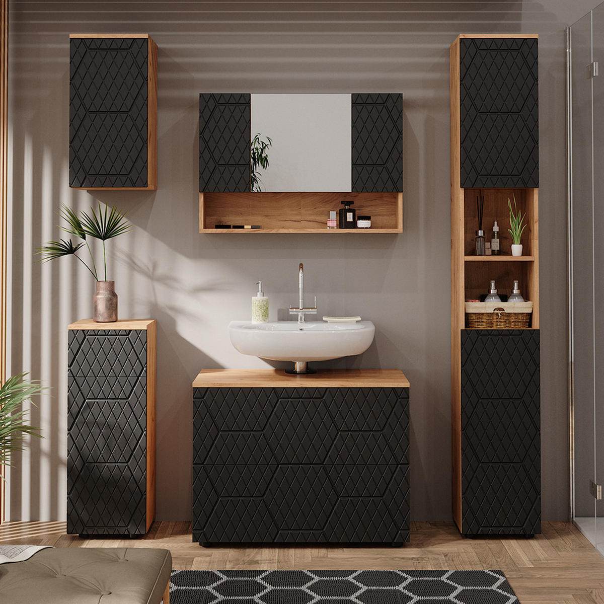 MIDISCHRANK Irma Anthrazit gestreift 30x81 cm mit 1 Schublade 2 Fächer - Anthrazit, Holzwerkstoff (30/81/30cm) - Vicco