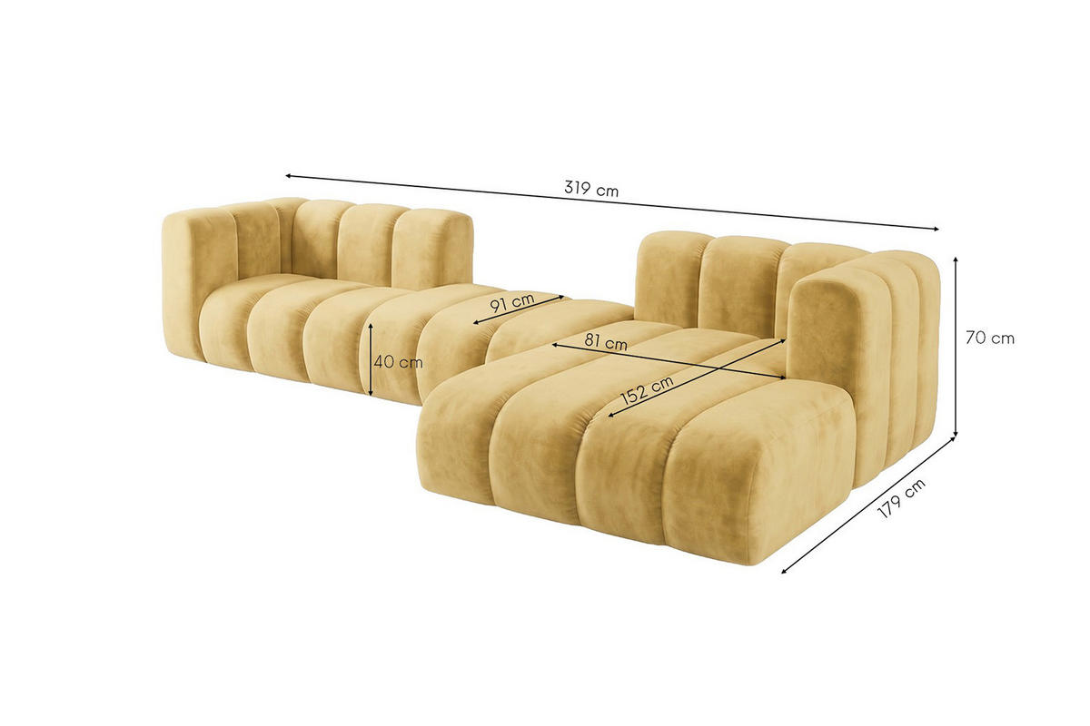 ECKSOFA Modulares In L-Form, Velvet-Stoff Riviera, Buttergelb, Rechts, GRAND 319 cm - Hellgelb, Holz (319/175cm) - Kaiser Möbel