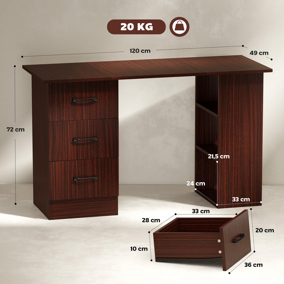 SCHREIBTISCH Nussbaumoptik mit 3 Schubladen und 3 Regalfächern 120/49/72 cm - Walnussfarben, Holzwerkstoff (49/120/72cm) - PANGIVO