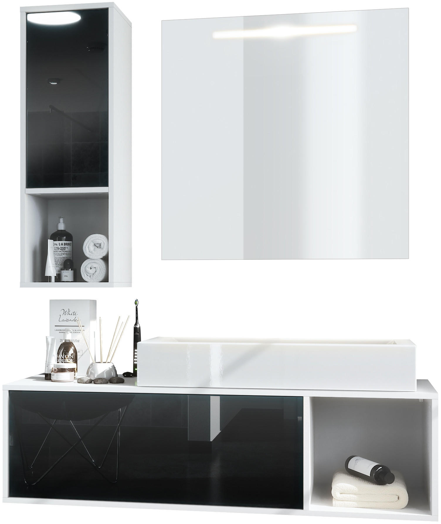 BADMÖBELSET La Costa Fronten in Schwarz Hochglanz - Schwarz Hochglanz, Holzwerkstoff (126.5/190/46cm) - Vladon