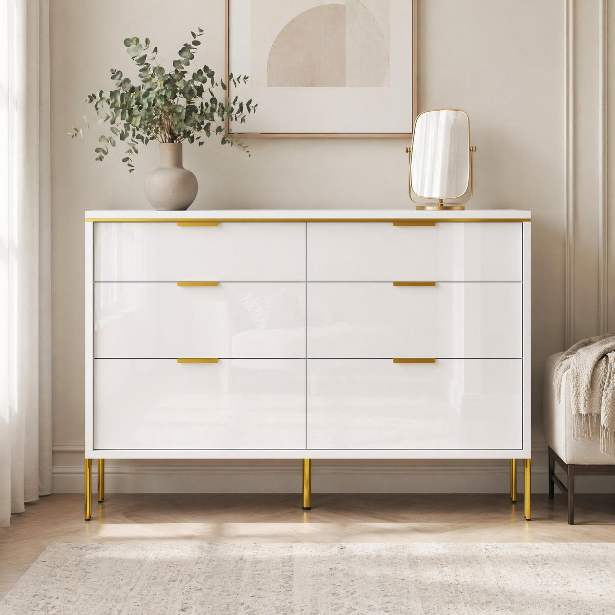 KUCHYŇSKÁ SKŘÍŇ bílá, 6 zásuvek, lesklá čela, velký úložný prostor, do obývacího pokoje, 120×40×85,5 cm - bílá/zlatá, kov/kompozitní dřevo (120/85.5/40cm) - STILVORA