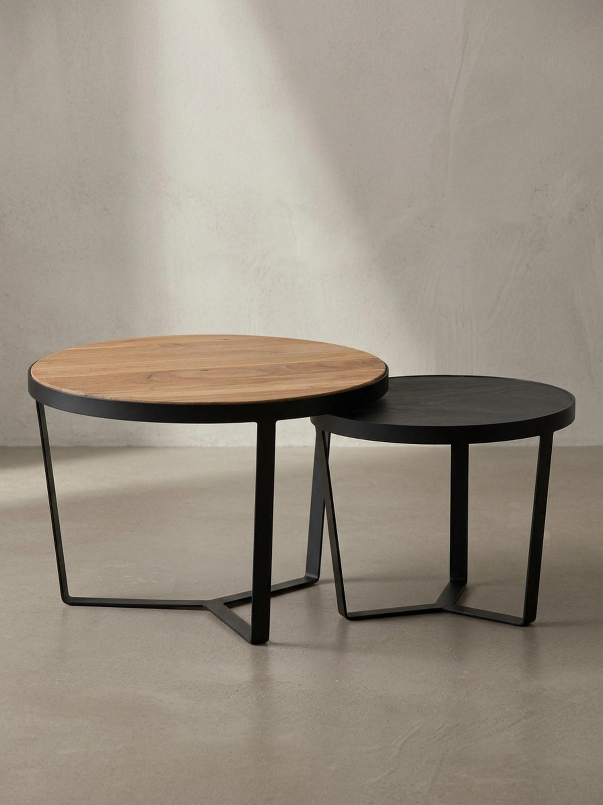 COUCHTISCH Set rund – Akazie Massivholz, Steinoptik, Metallgestell, Braun-Anthrazit - Schwarz, Holz/Metall (60/60/40cm) - KADIMA DESIGN
