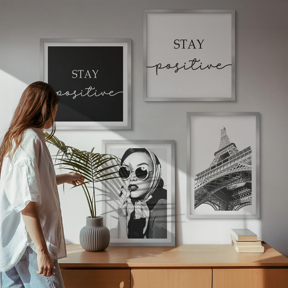 BILDER SET 4er Set - 50x50 cm & 40x60 cm Silberner Rahmen - Porträts, Eiffelturm-Slogans - Silberfarben, Kunststoff (50/50cm) - TULUP