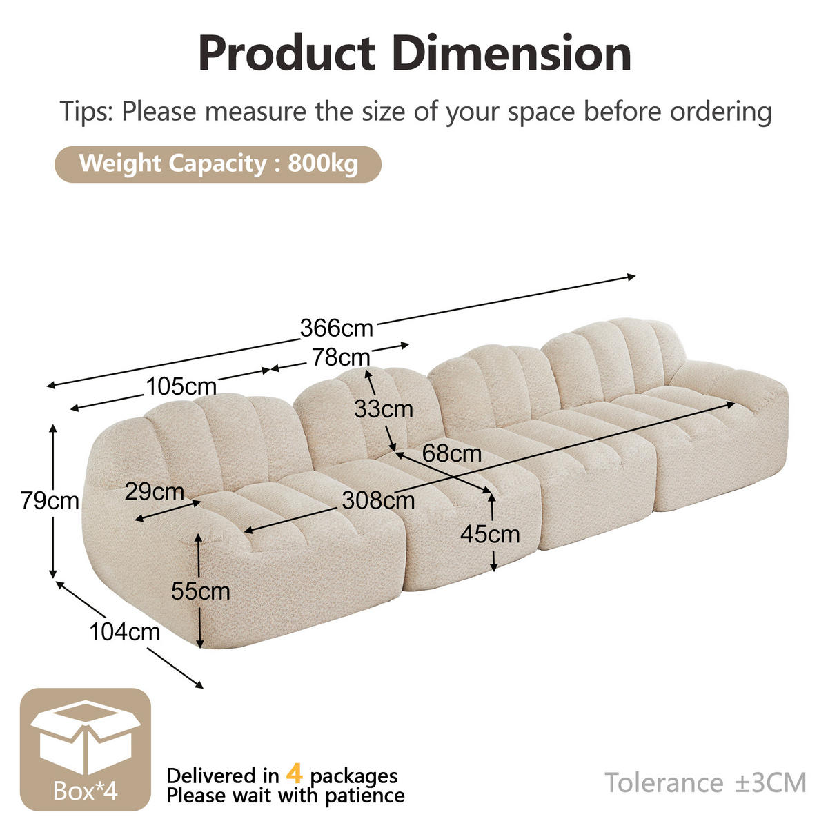 4-SITZER SOFA Granulierte Fleece Beige & Weiß - Beige, Textil (366/79/104cm) - WISHDOR