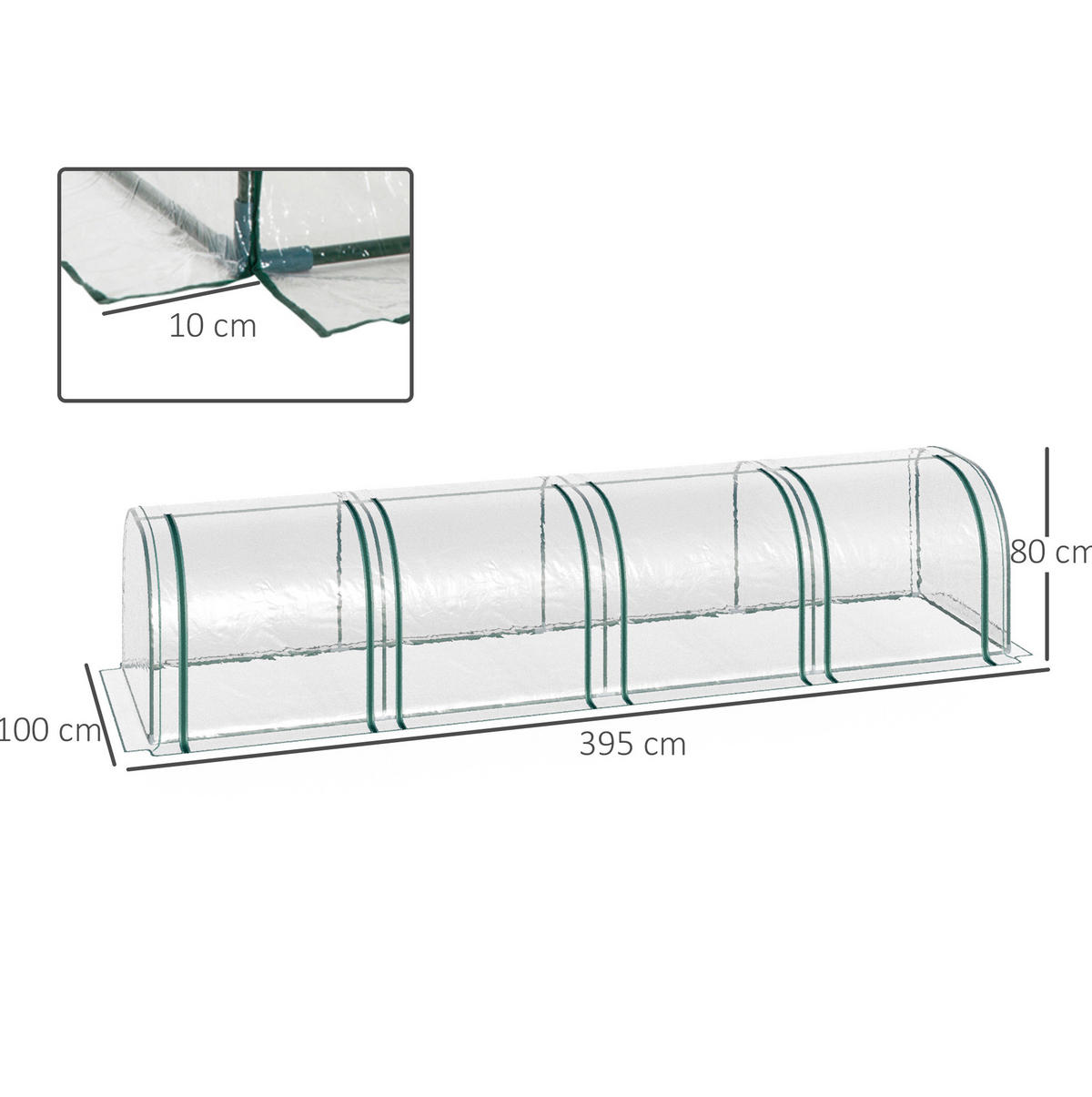 GEWÄCHSHAUS aus PVC 395x100x80 cm in Transparent mit 4 Reißverschlussfenstern - Transparent, Kunststoff (100/80/395cm) - Modfu