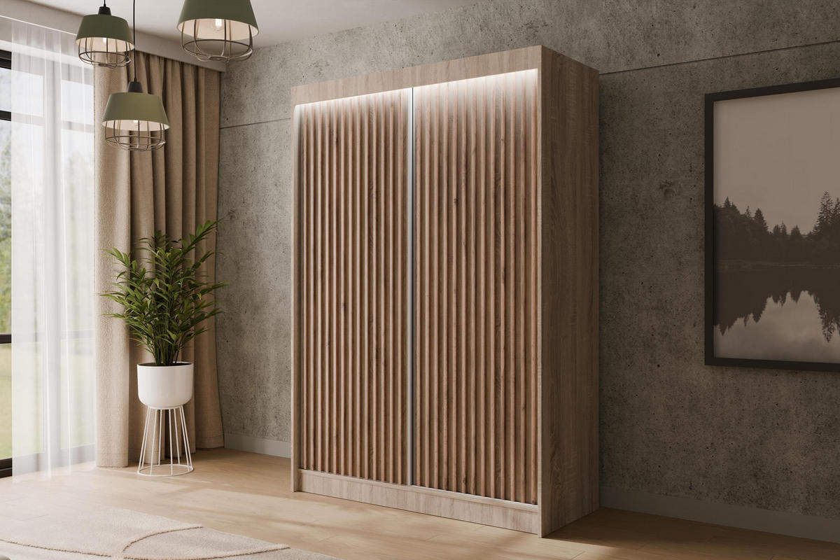 KLEIDERSCHRANK mit LED, Lamel-Schiebetüren VILANv2 - 120 cm Sonoma Eiche + Sonoma Eiche + Lamelle Eiche Wotan - Eiche Wotan/Sonoma Eiche, Holzwerkstoff (120/215/61cm) - ALTDECOR