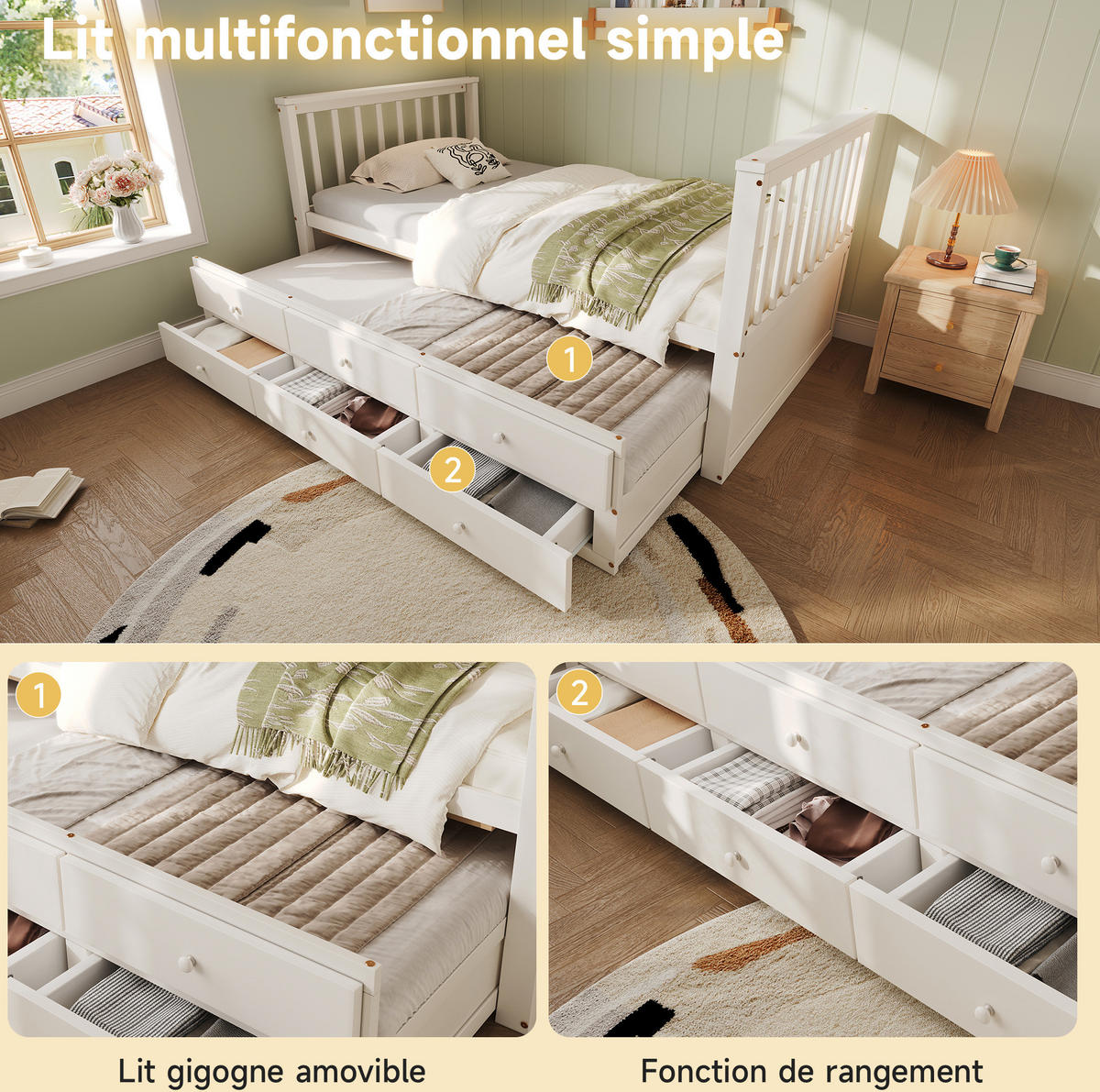 AUSZIEHBETT 90/200 cm in Weiß mit 3 Schubladen aus Kiefernholz - Weiß, Holzwerkstoff (90/200cm) - Flora Grace