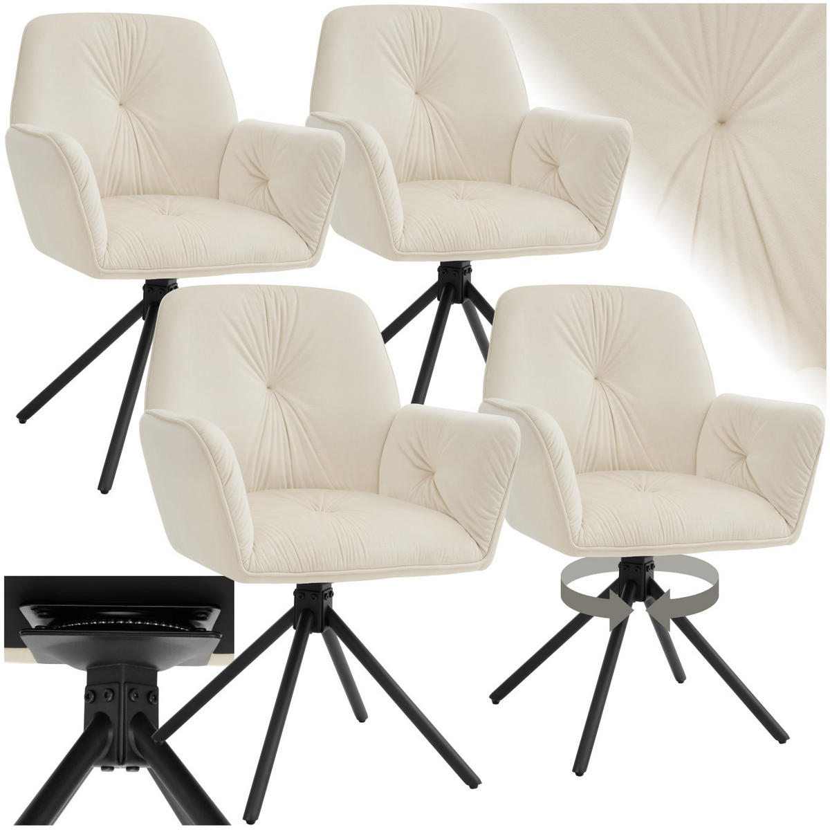 ARMLEHNSTUHL Drehbar Lenia,56,5 x 54 x 86 cm,Samtoptik creme/schwarz - Schwarz/Samtahornfarben, Kunststoff (56.5/86/54cm) - tectake