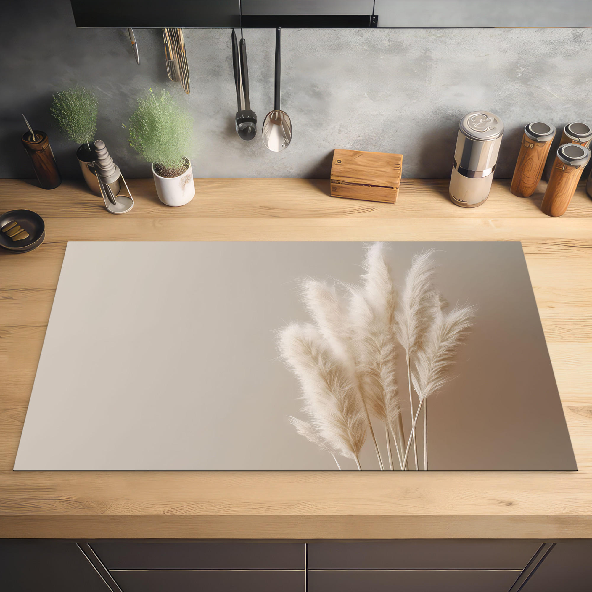 HERDABDECKPLATTE Pampasgras - Federn - Pastell - Weiß 89x51 cm - Creme, Kunststoff (89.6/0.2/51.6cm) - MuchoWow